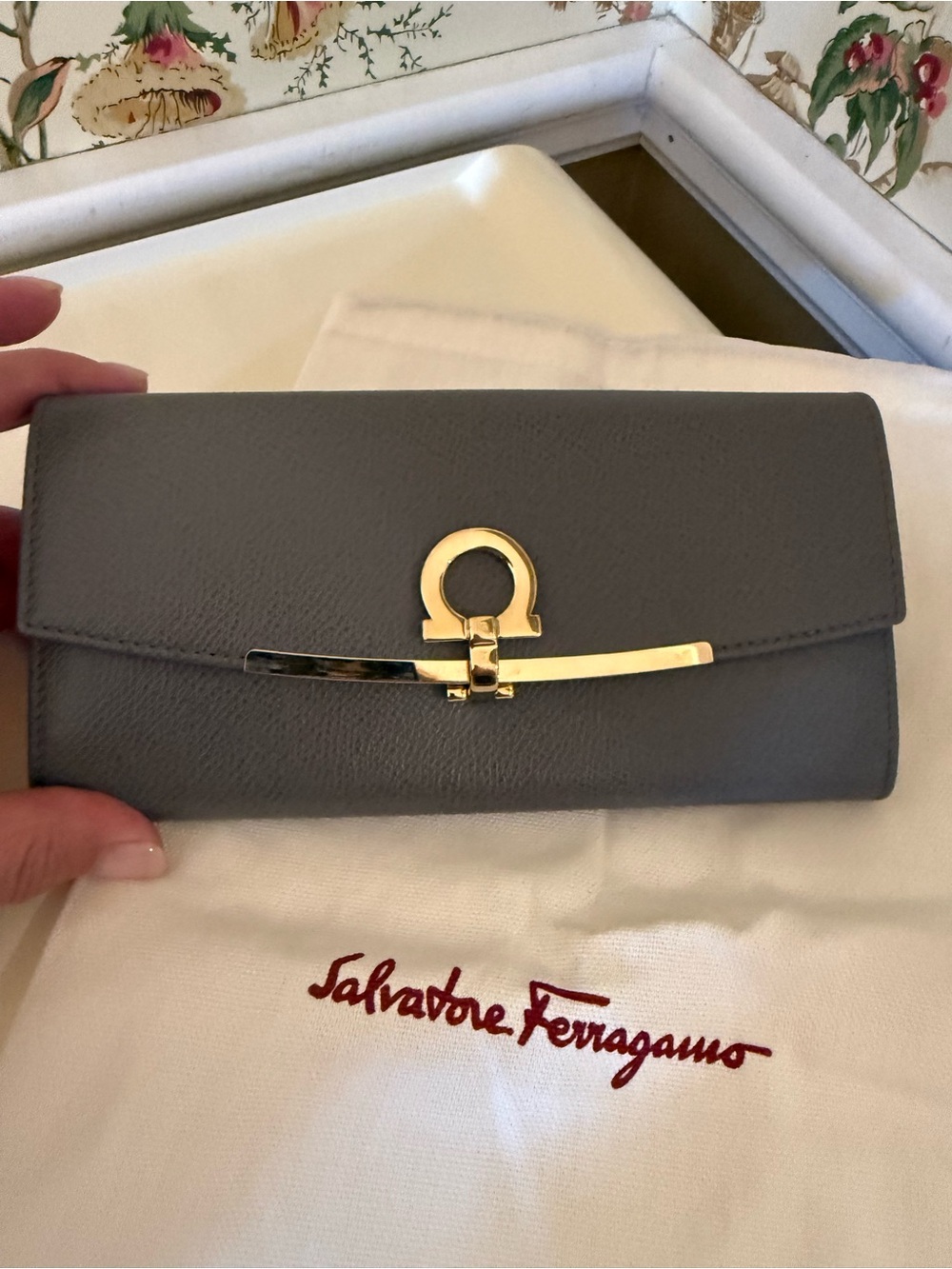 Salvatore Ferragamo Gancini Gray Leather Continental Wallet Gold Hardware